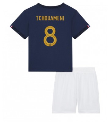 Frankrig Aurelien Tchouameni #8 Hjemmebanesæt Børn VM 2022 Kort ærmer (+ korte bukser)